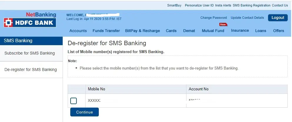 De-Register for SMS Banking