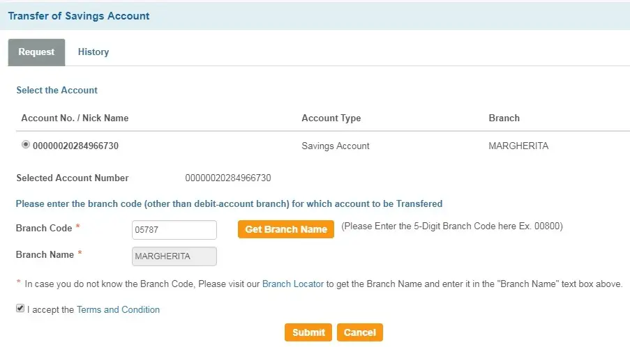 Transfer SBI Account to Another Branch Online