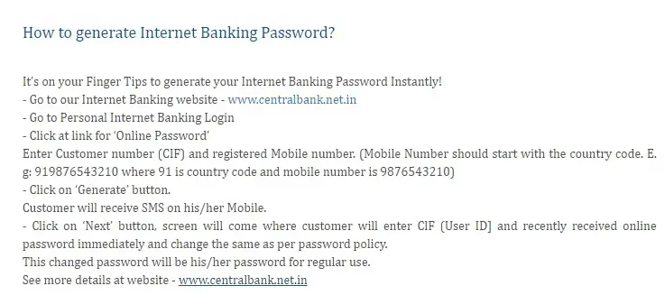 Generate Central Bank of India Internet Banking Password