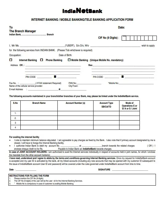 Indian Bank Mobile Banking Form