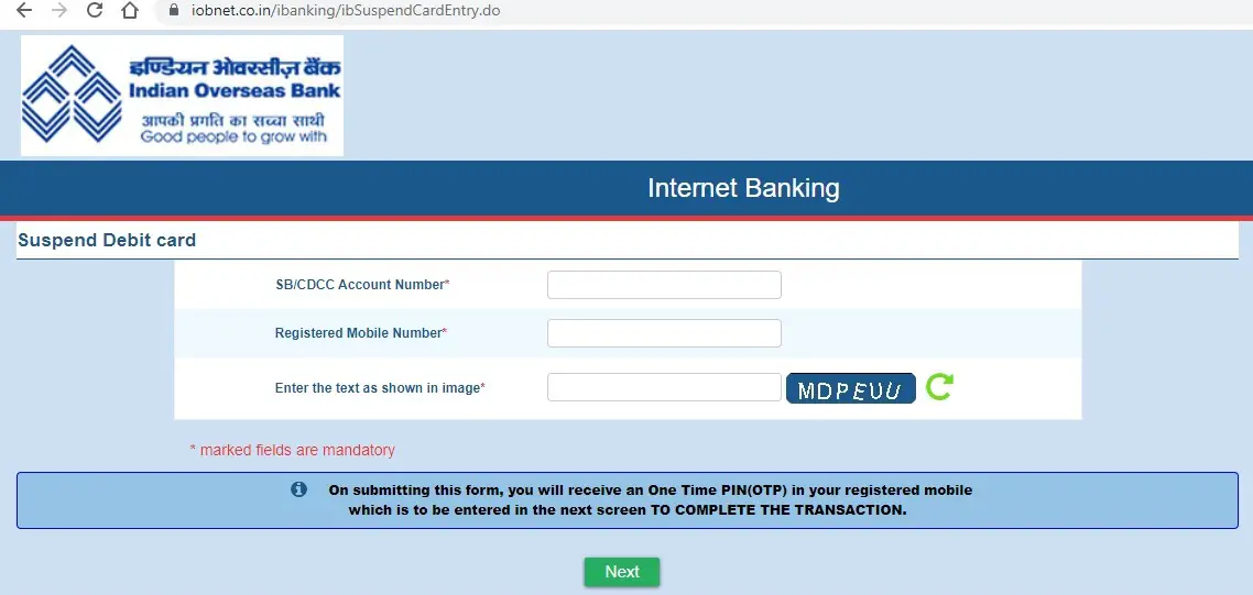 How to Block Indian Overseas Bank Debit/ATM Card?
