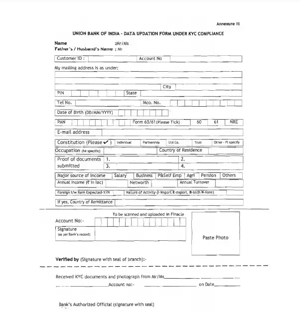 Union Bank of India KYC Form Download