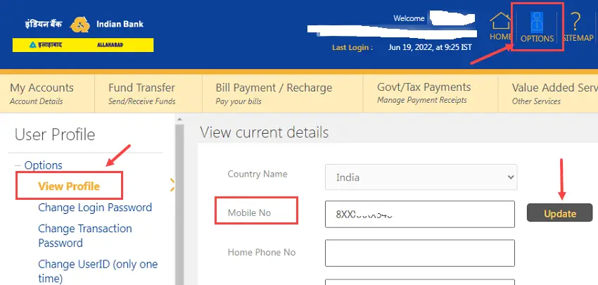 Indian Bank Change Mobile Number Online Via NetBanking