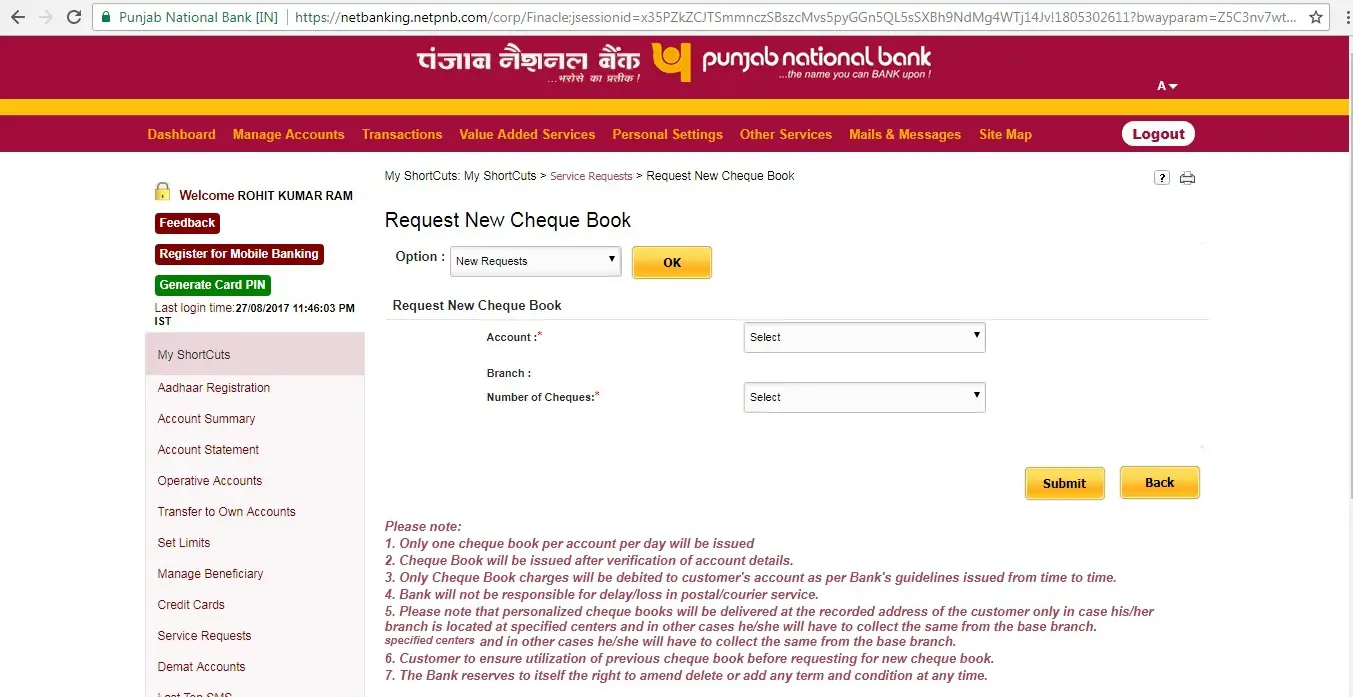 How to Request New Cheque Book in PNB Online?