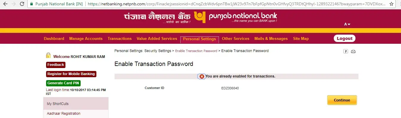 What Is Transaction Password In Pnb