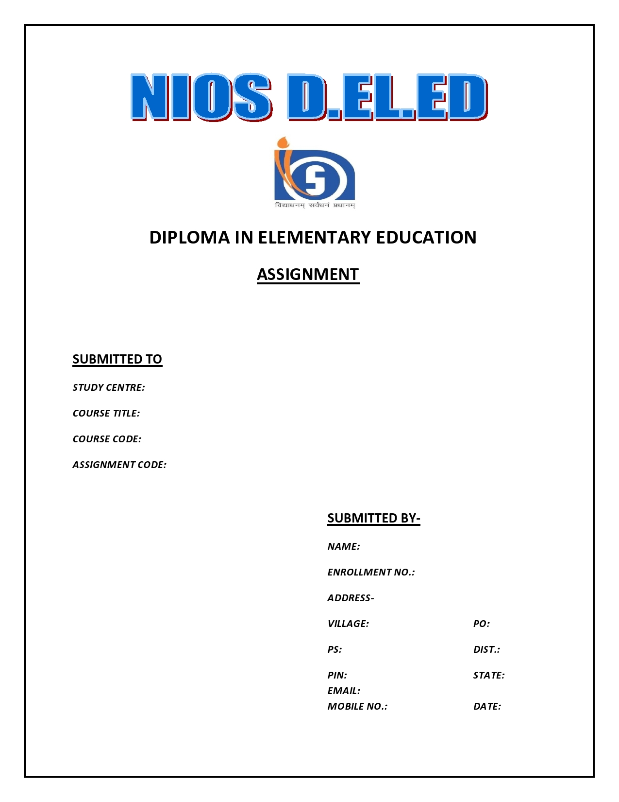 Download NIOS D El Ed Assignment Front Page Download Link