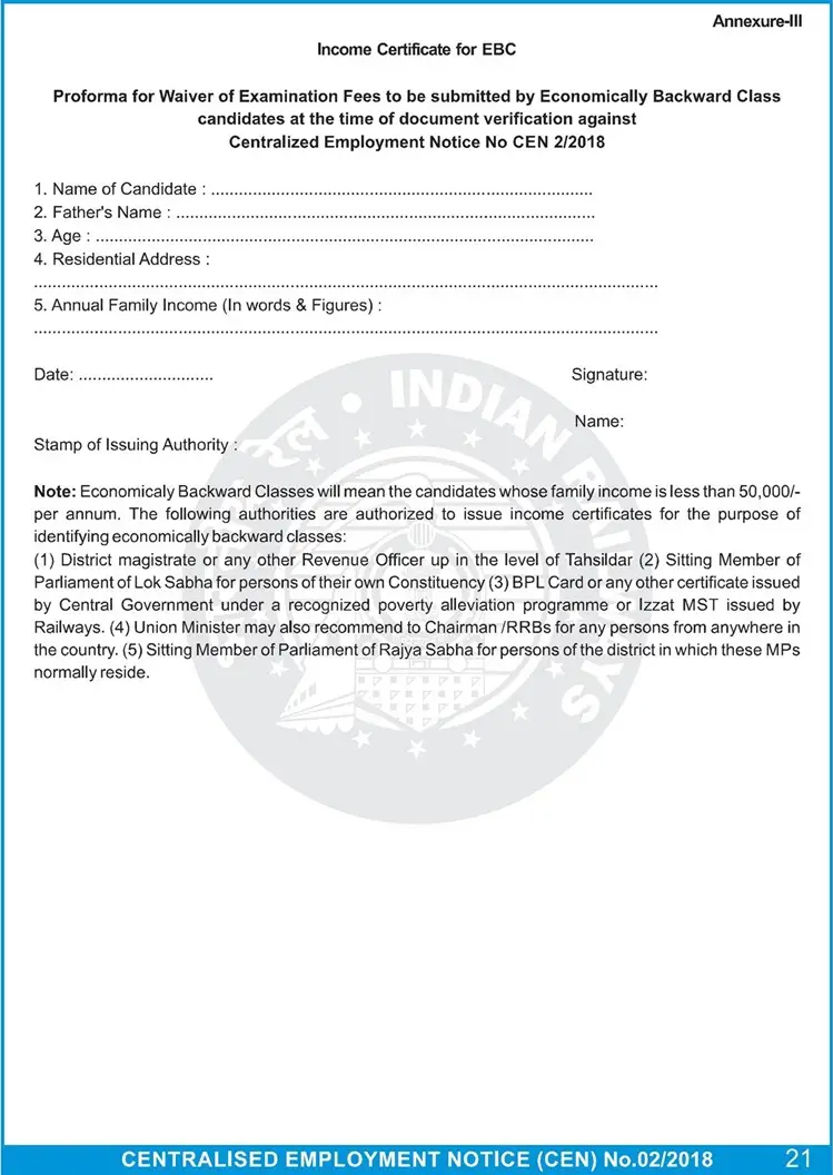 Download Income Certificate Format for EBC- Application