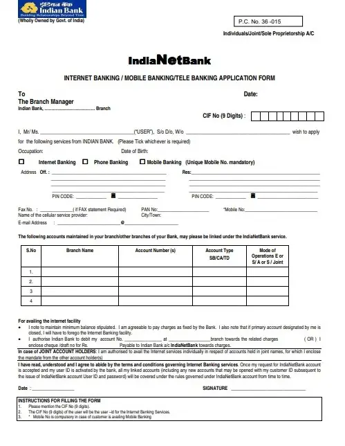 Download Indian Bank Internet Banking Application Form