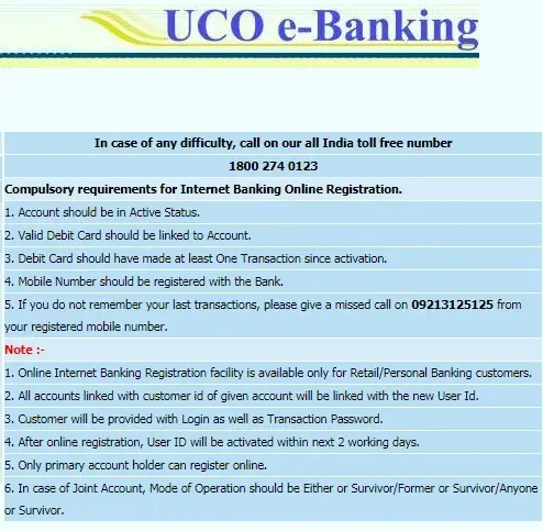 UCO Bank Requirements for Internet Banking