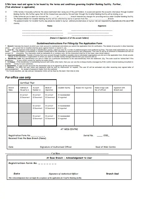 Corporation Bank NetBanking Form PDF