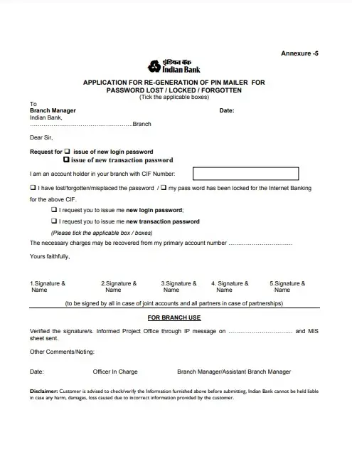 Indian Bank Application Form for Regeneration of Login and Transaction Password