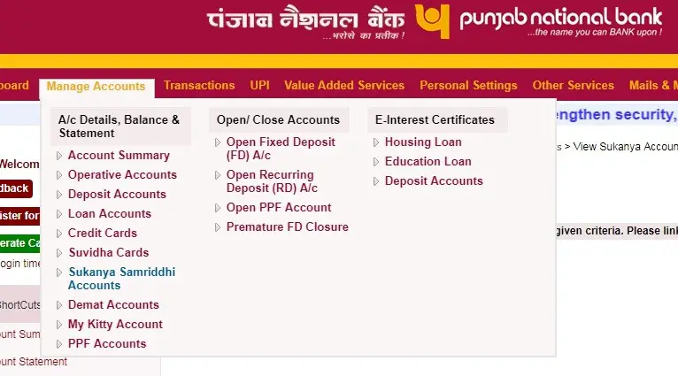 Go to "Manage Accounts" menu and click on "Sukanya Samriddhi Accounts" option