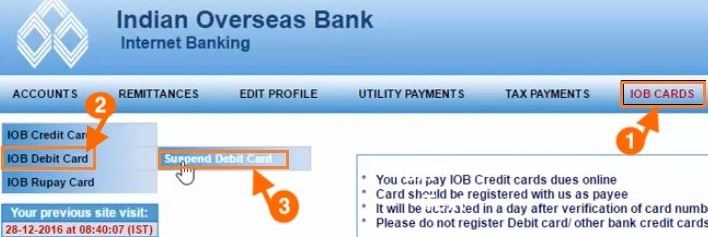 How to Block ATM Card of Indian Overseas Bank Through Internet Banking?
