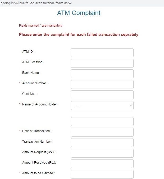 Bank of India Online ATM Complaint Page