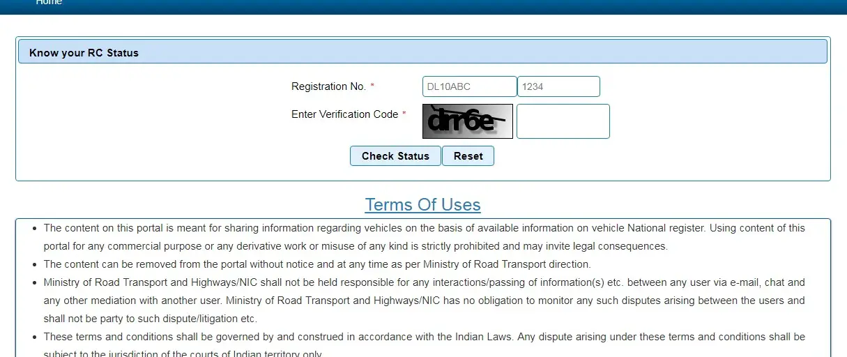 Enter the Vehicle Registration Number (Number Plate), type captcha code and click on "Check Status"