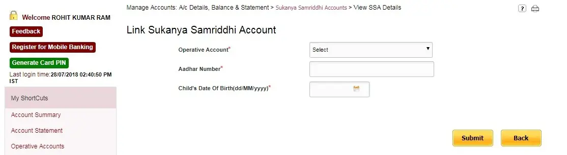 Link Sukanya Samriddhi Account (SSA) Online in PNB