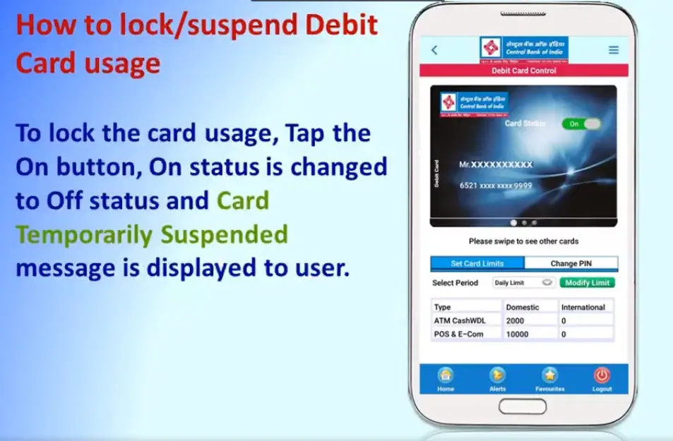 To lock the card usage, tap the On button, On status is changed to Off Status and "Card Temporary Suspended" message is displayed to user
