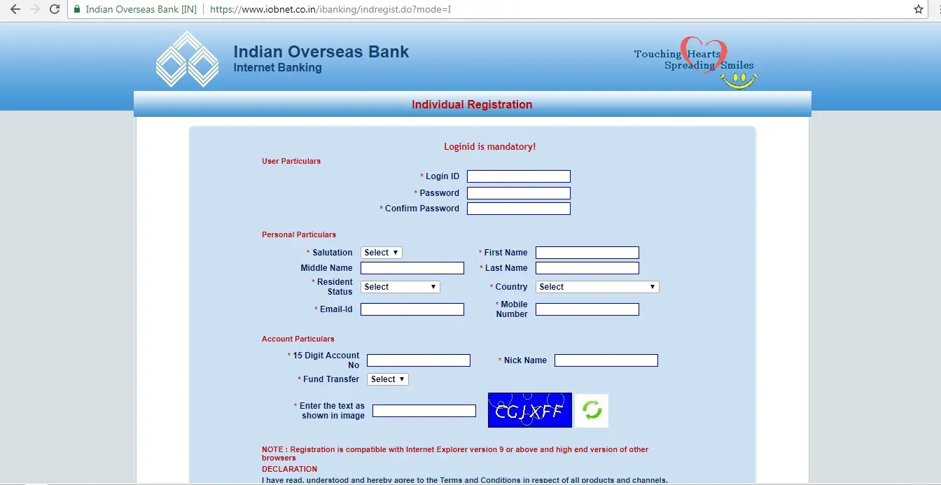 Internet banking registration form will open