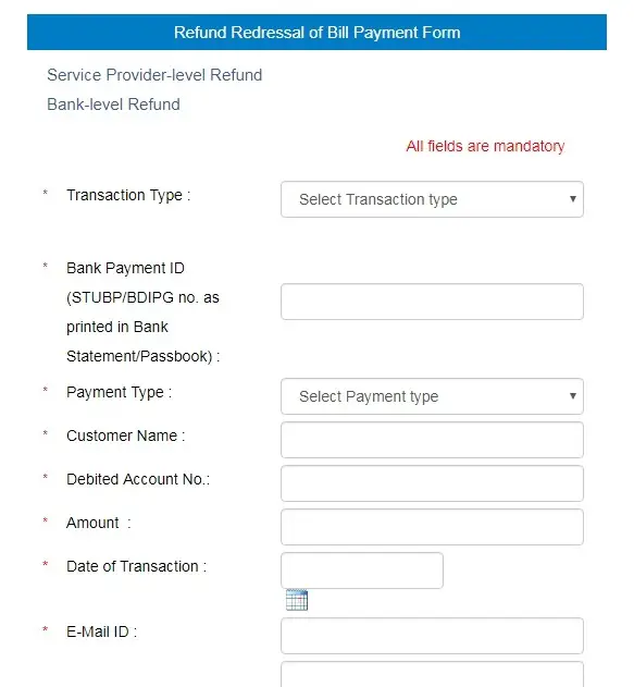 Bank of India Refund Redressal of Bill Payment Form Page