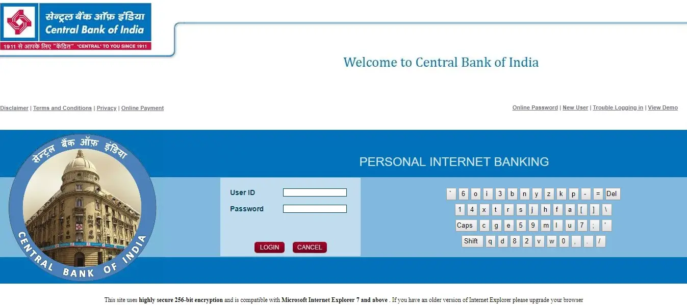 central bank online password