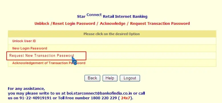 How to Request New Transaction Password in Bank of India Online?