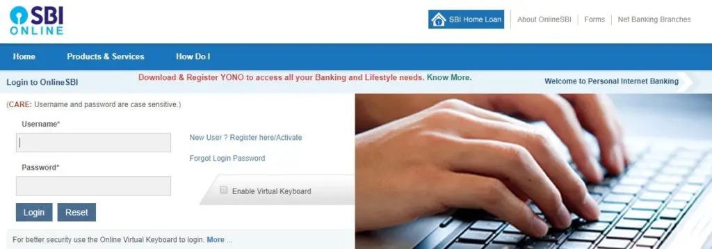 SBI net banking login page