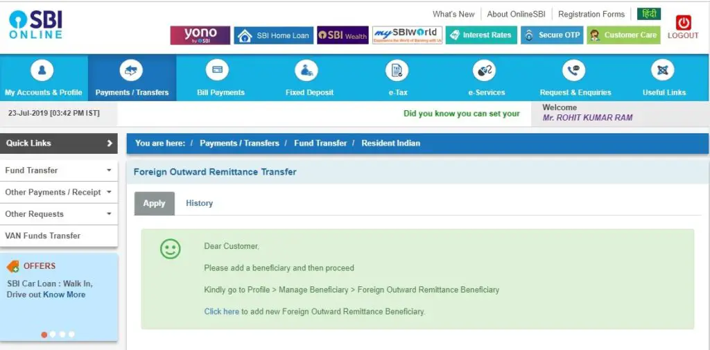 Click on "Click Here" to add new foreign outward remittance beneficiary