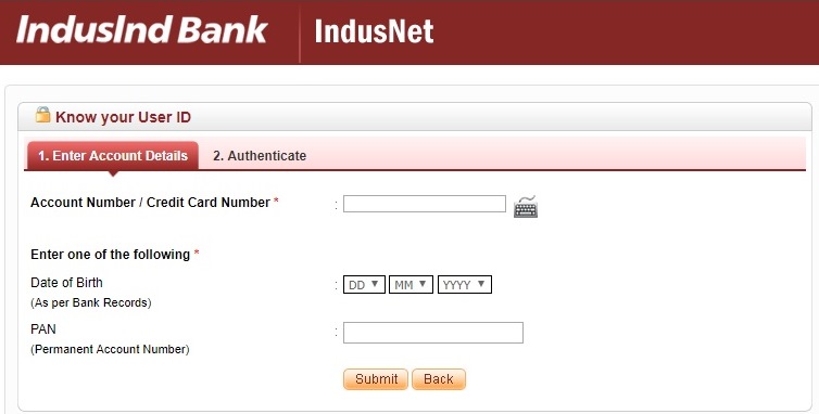 Enter Account/Credit Card Number, Date of Birth/PAN Number and click on "Submit"