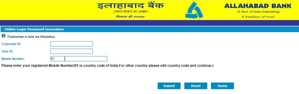 How to Reset Corporate Internet Banking Login Password of Allahabad Bank?