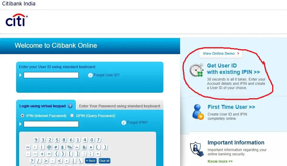 Get Citi Bank User ID with Existing IPIN
