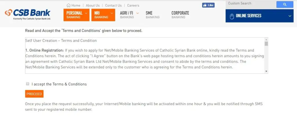 Register for NetBanking in Catholic Syrian Bank