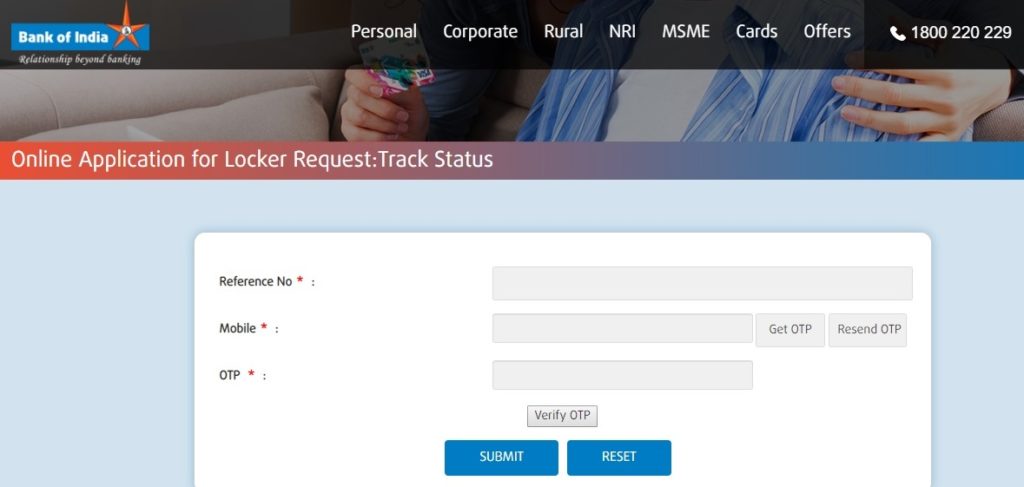 Track Status of Locker Application in Bank of India