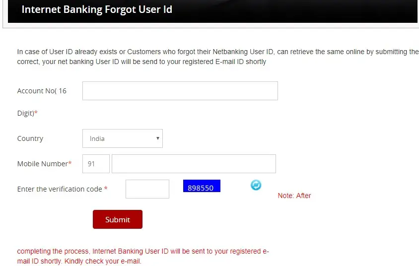 South Indian Bank Internet Banking Forgot User Id