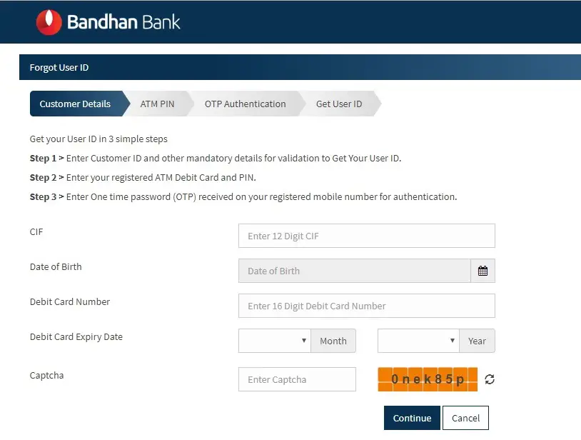 Recover Online Banking User ID in Bandhan Ban