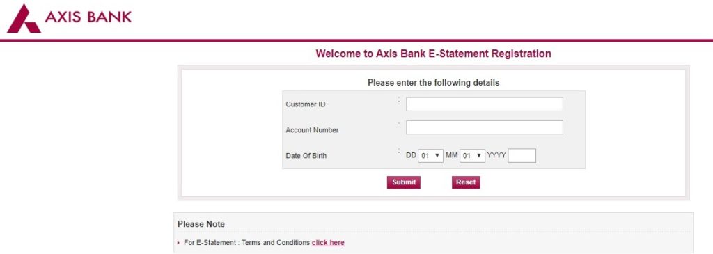 Register for Axis Bank E-Statement