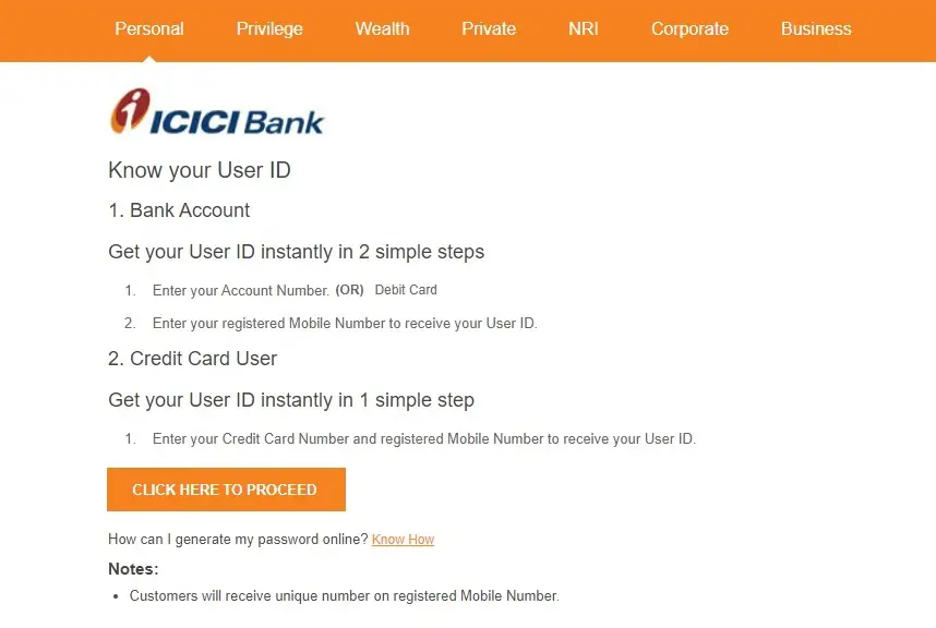 Know User ID in ICICI Bank