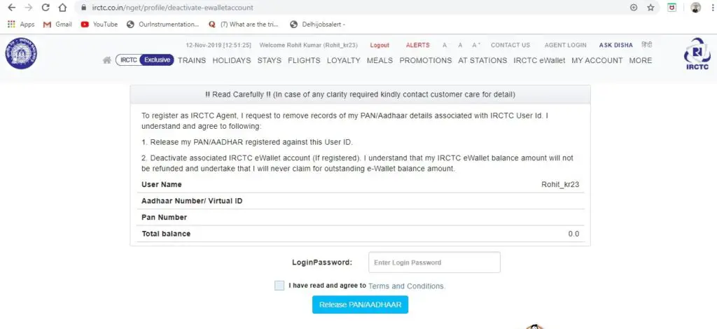Release PAN or Aadhar from IRCTC