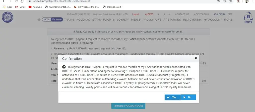 IRCTC Aadhar Delete 