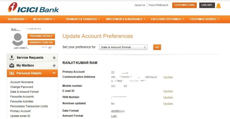 how to change my phone number in icici bank account online