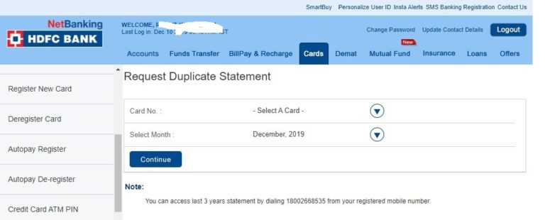 Request Duplicate Statement in HDFC Bank Online