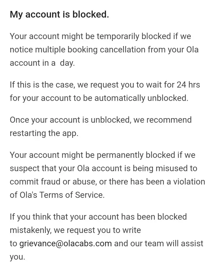 How to Write Email for Unblocking Ola Account?
