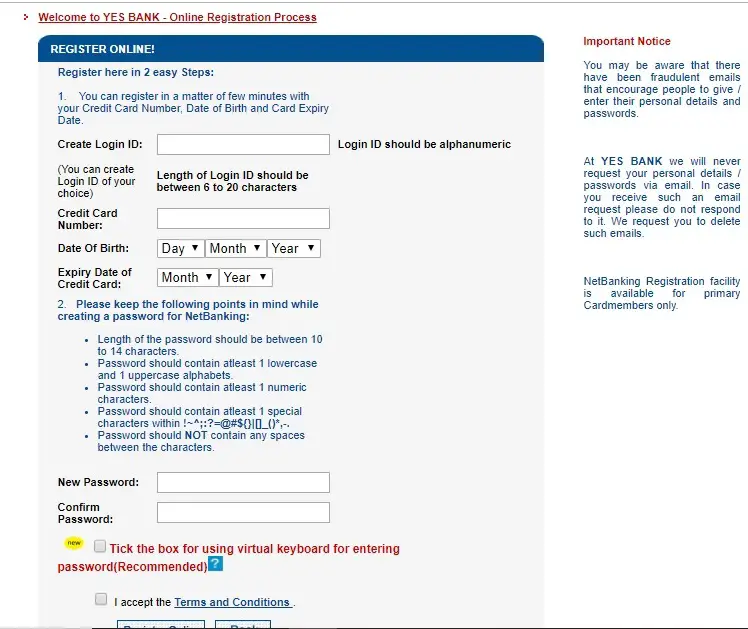 Yes Bank Online Banking Registration Process