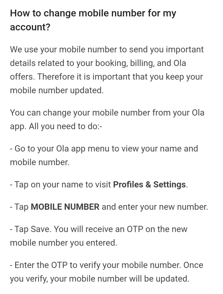Process to Change My  Ola Mobile Number