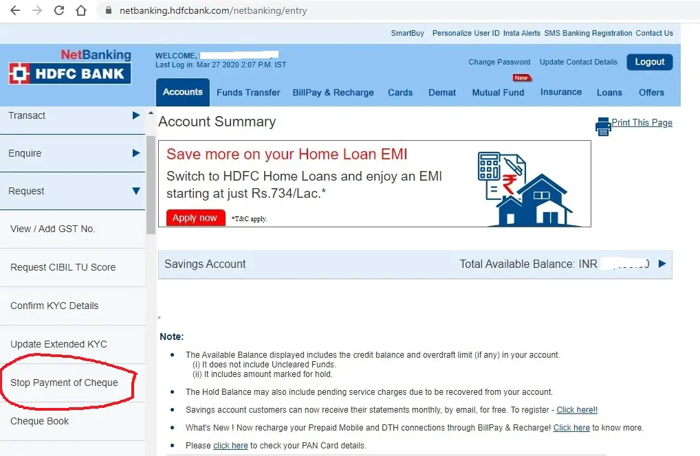 Request Stop Payment of Cheque in HDFC Bank