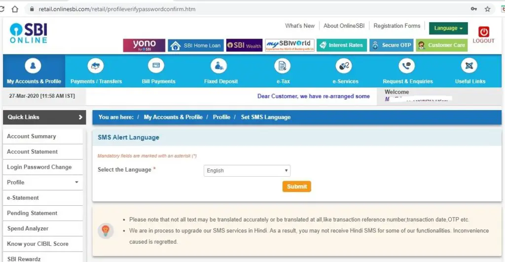 How to Set SBI SMS Language in Hindi?