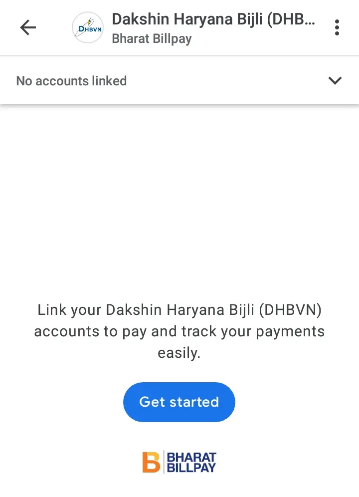 Click on "Get Started" to link your DHBVN accounts to pay and track your payments easily