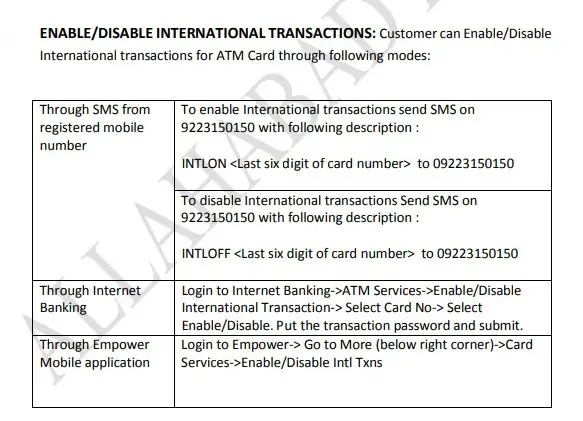 How to Enable/Disable International Transactions in Allahabad Bank?