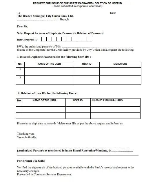Download City Union Bank Request Application Form for Issue of Duplicate Password