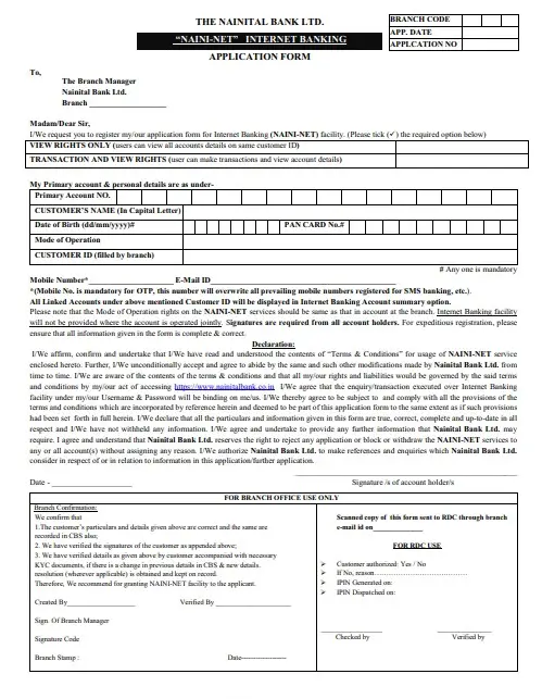 Download Nainital Bank Net Banking Registration Application Form