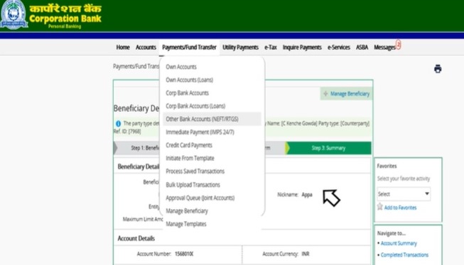How to Transfer Fund to Other Bank Accounts from Corporation Bank Online?